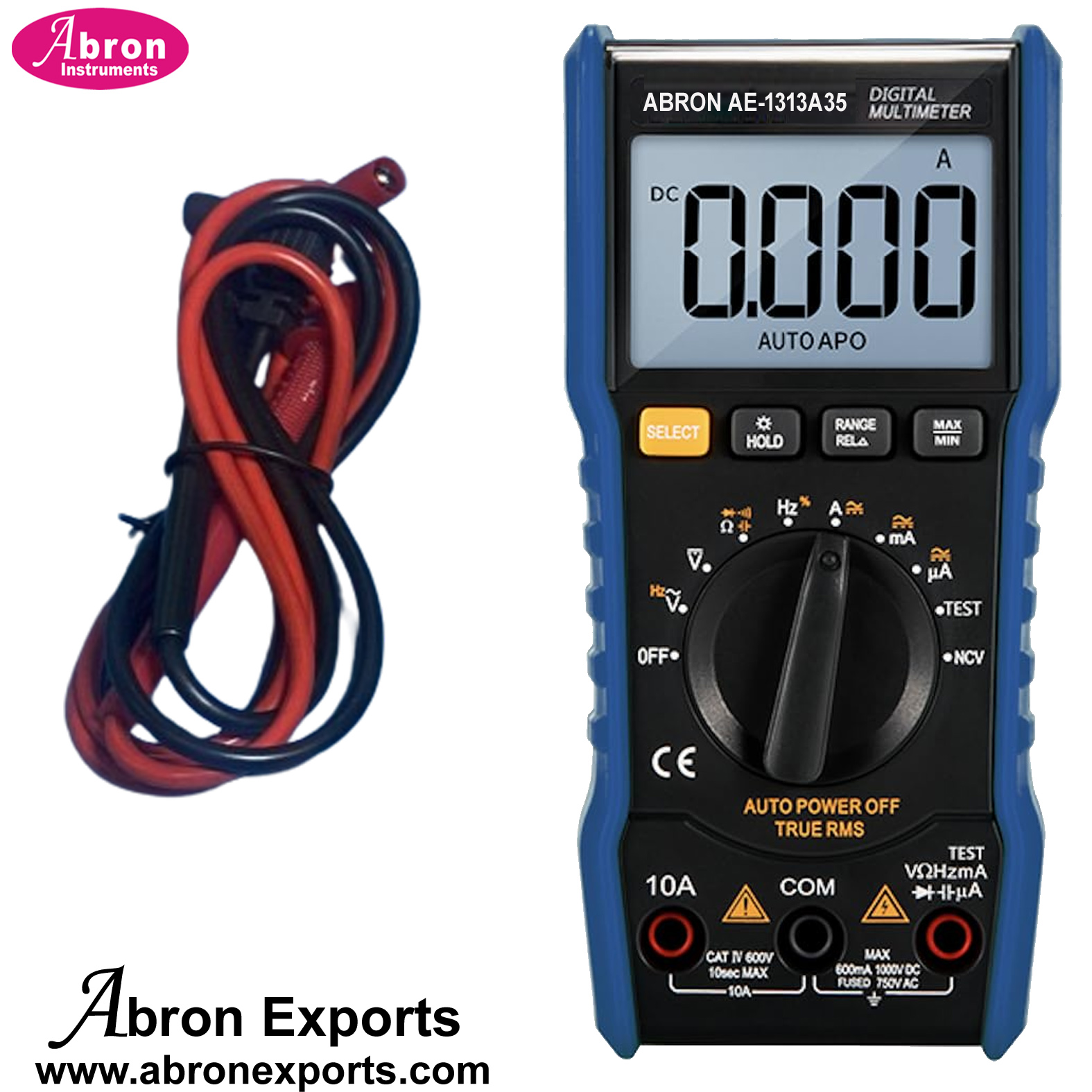 Multimeter 3.5 Digital Auto Range T-RMS 6000 Count 1000VDC 750VAC check Current Resistance Capacitance Frequency Hz Diode Continuity Data Hold APO Backlight Abron AE-1313AC 